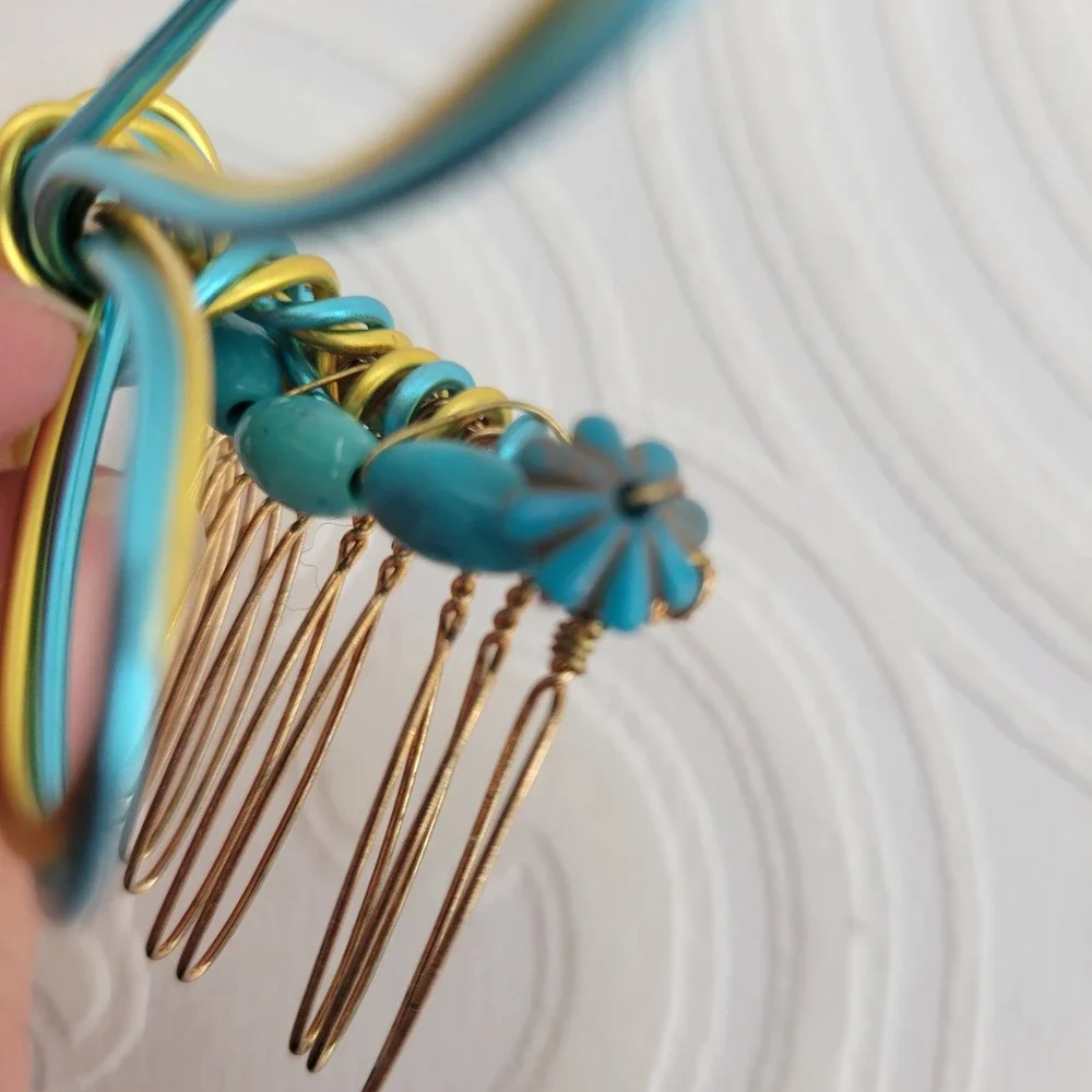 Handmade Dragonfly Hair Comb Teal Gold Wire Gemstone Rhinestone Vintage Art Deco